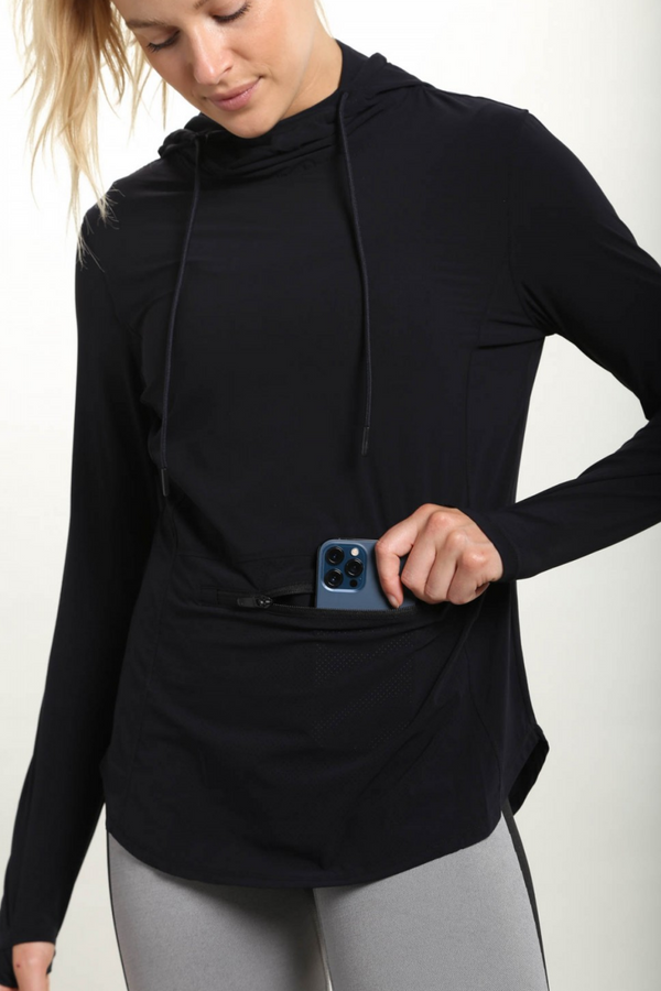 Black Long Sleeve Hoodie Pullover with Thumb Holes