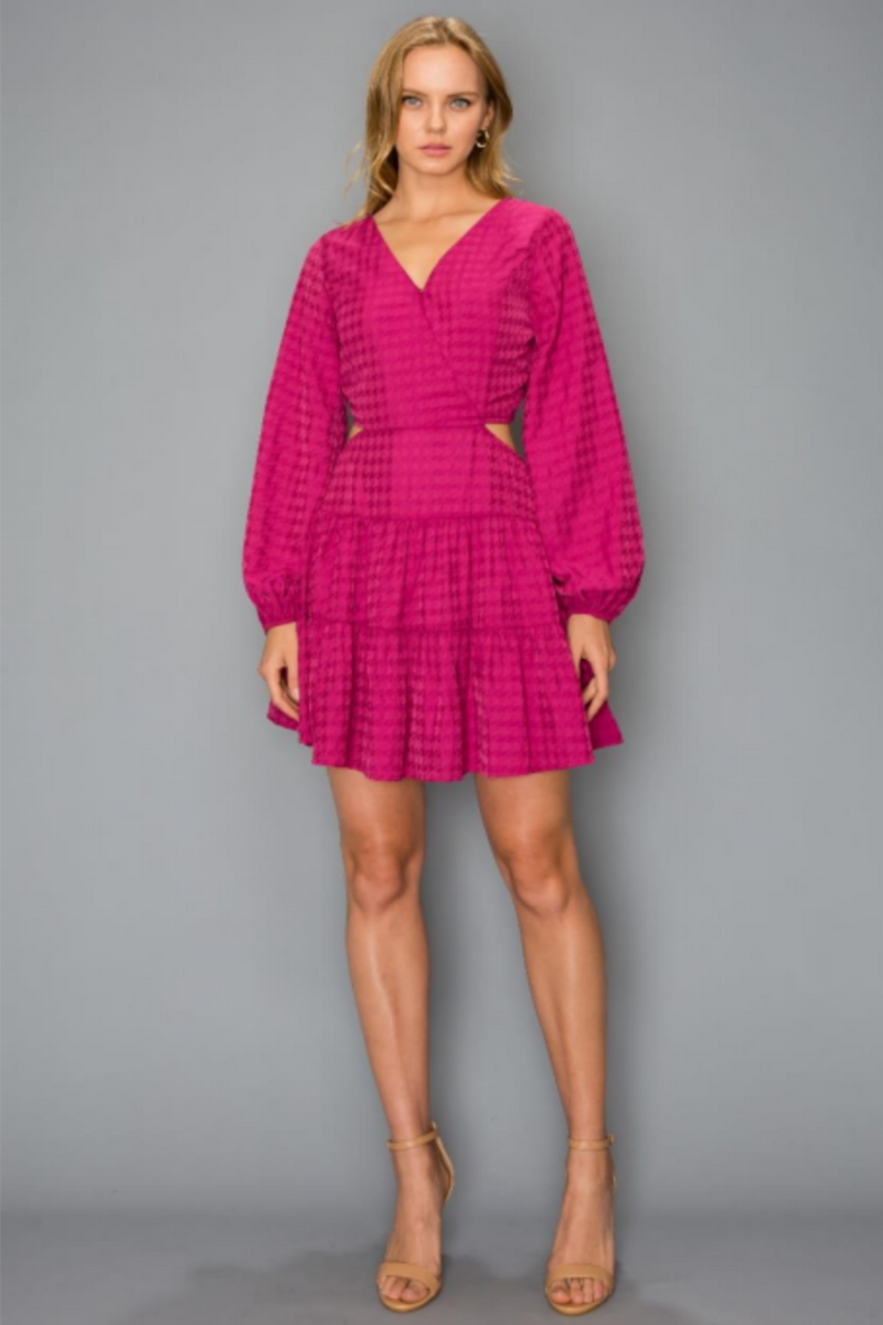 Magenta Cut Out Houndstooth Jacquard Dress
