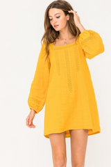 Mustard Square Neck Embroidery Mini Dress