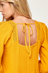 Mustard Square Neck Embroidery Mini Dress