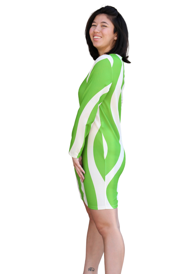 Lime Green and White Wavy Lines Print Dress