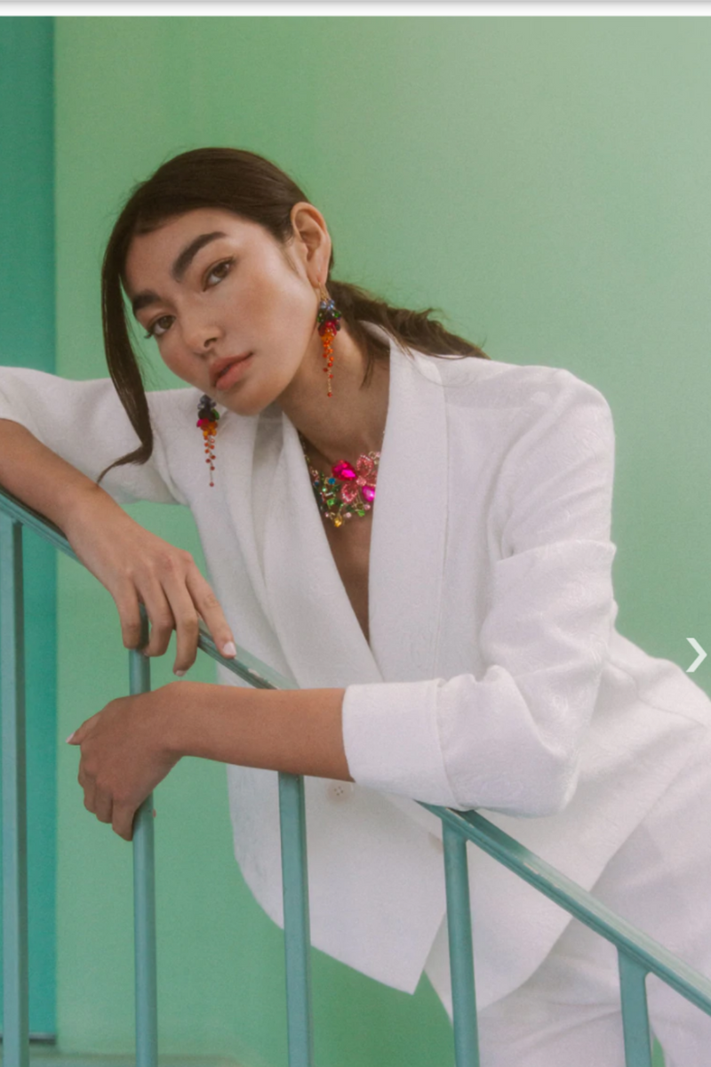 Off White Floral Jacquard Print Semi Crop Blazer Jacket
