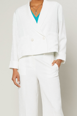 Off White Floral Jacquard Print Semi Crop Blazer Jacket