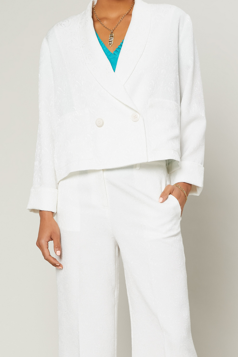 Off White Floral Jacquard Print Semi Crop Blazer Jacket