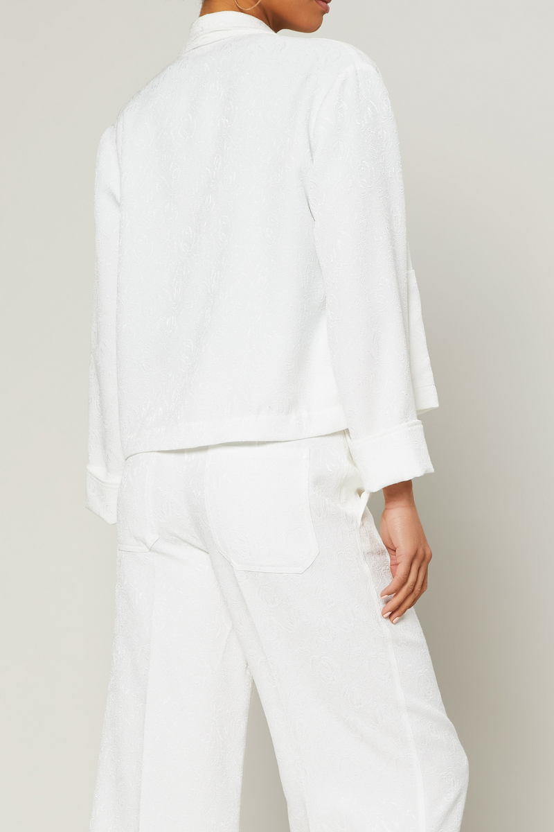 Off White Floral Jacquard Print Semi Crop Blazer Jacket