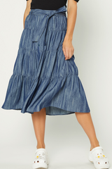 Indigo Blue Shirred Tired Midi A-line Skirt
