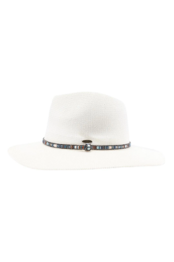 White Knit Multi Thread Rhinestone Band Panama  Hat