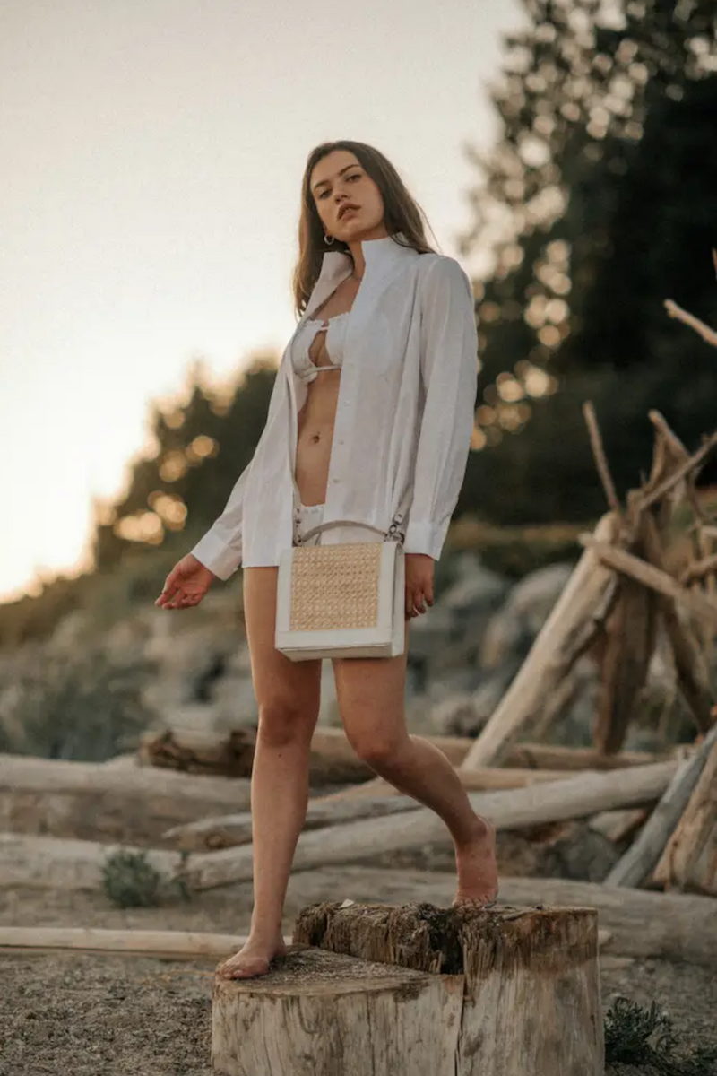 White Leather Cane Straw Shoulder Bag