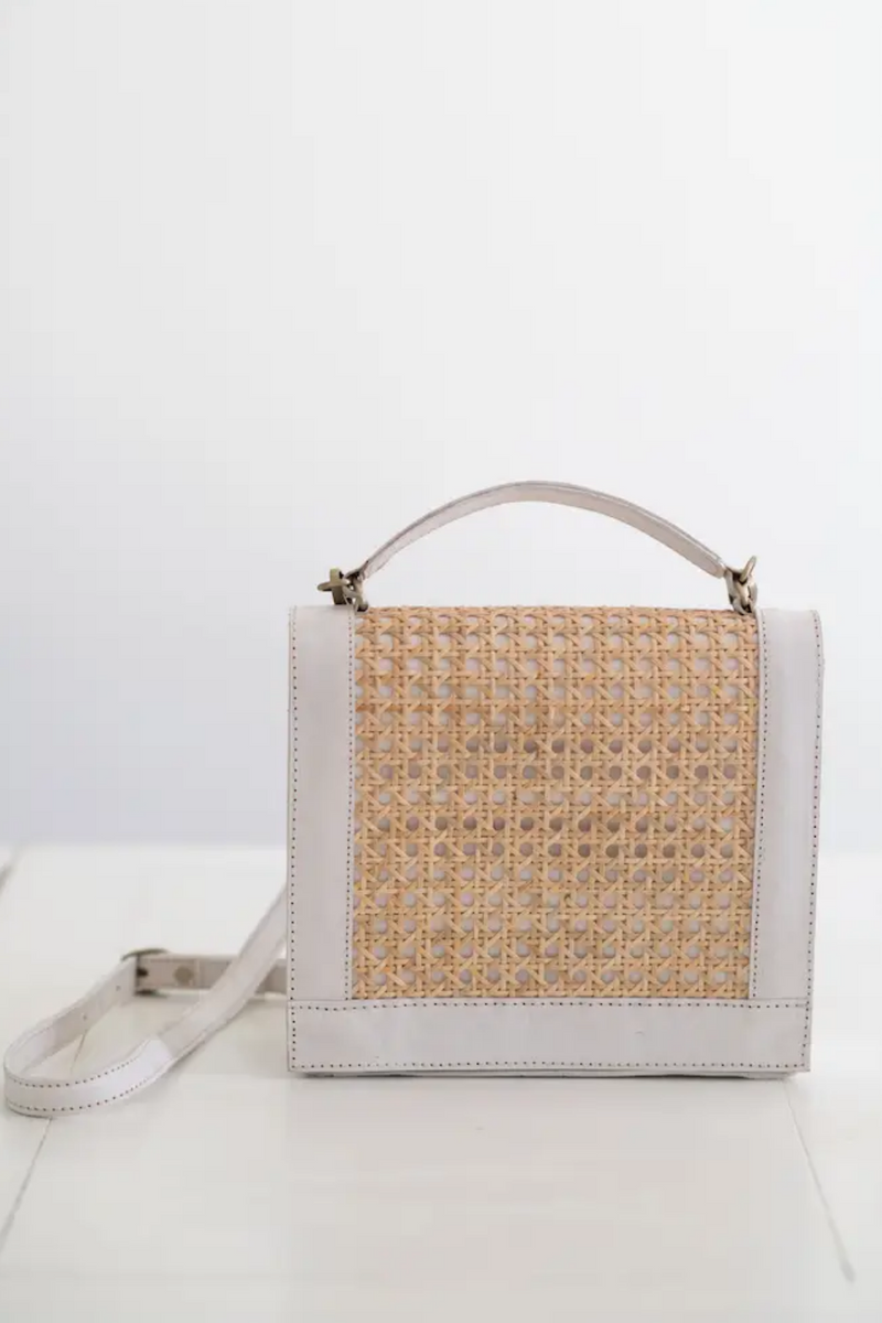 White Leather Cane Straw Shoulder Bag