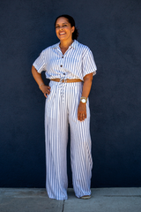 Navy and White Stripe Short Sleeve Top with Wide Leg High Waist Pants