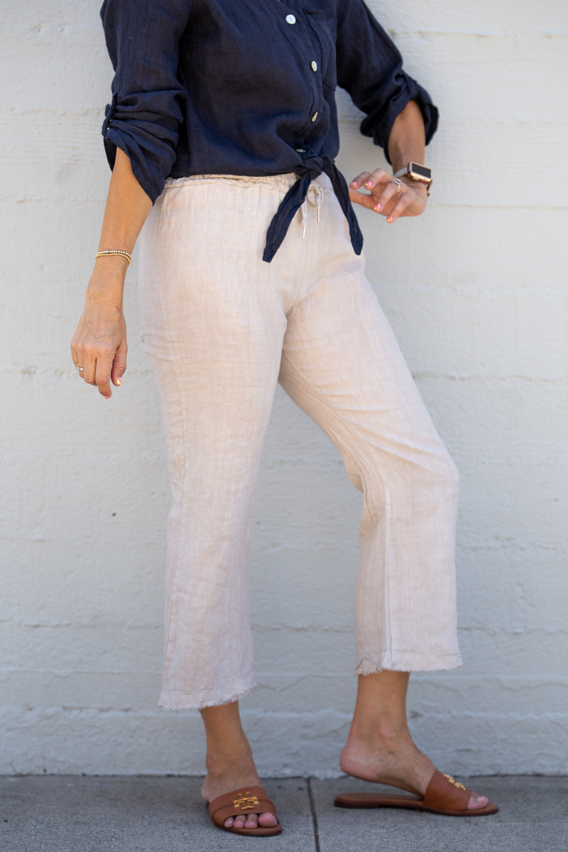Beige Draw String Cropped Linen Pants