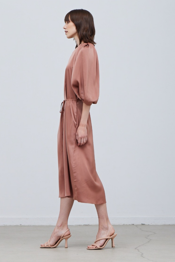 Rose Tan Blossom Sleeve Satin Dress