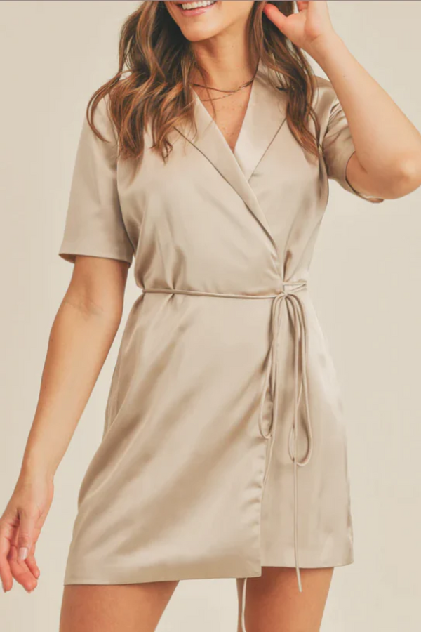 Beige Short Sleeve Blazer Wrap Dress