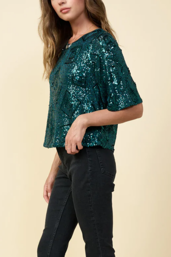 Green Short Sleeve Sequined Top