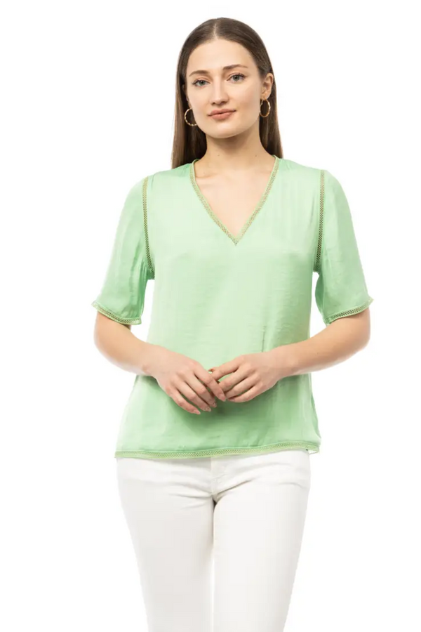 Green Tea V Neck with Trim Inserts Top