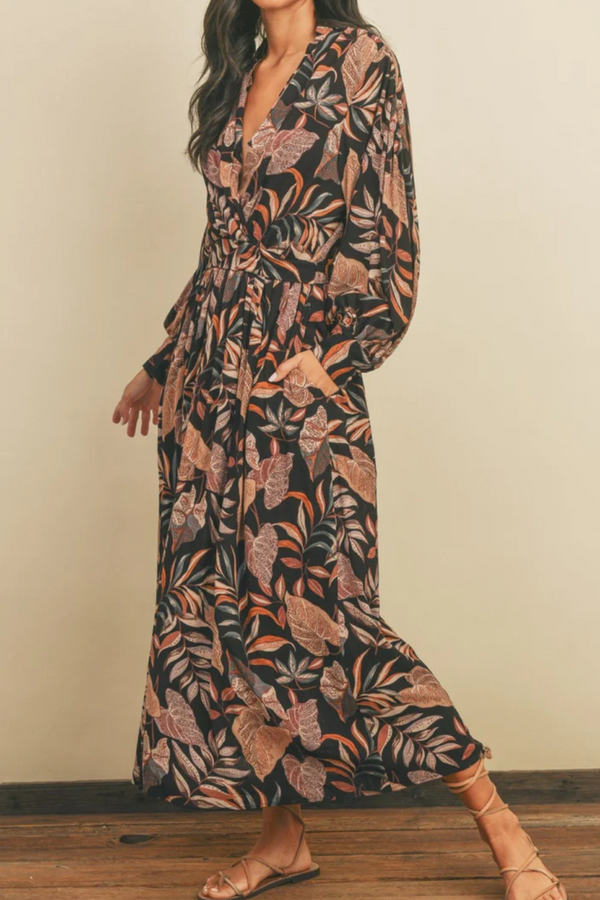 Black Vintage Palm Long Sleeve Dress