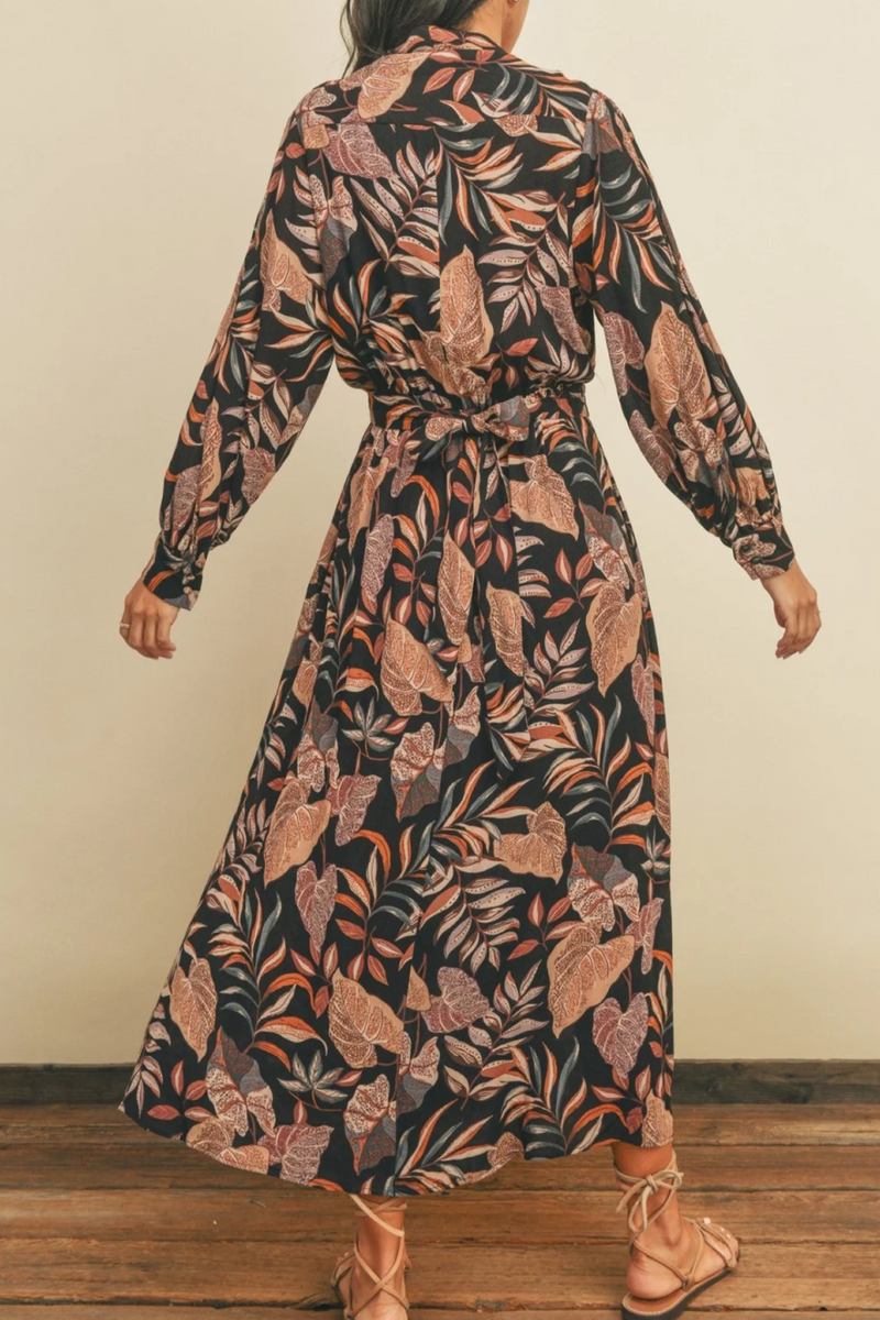 Black Vintage Palm Long Sleeve Dress