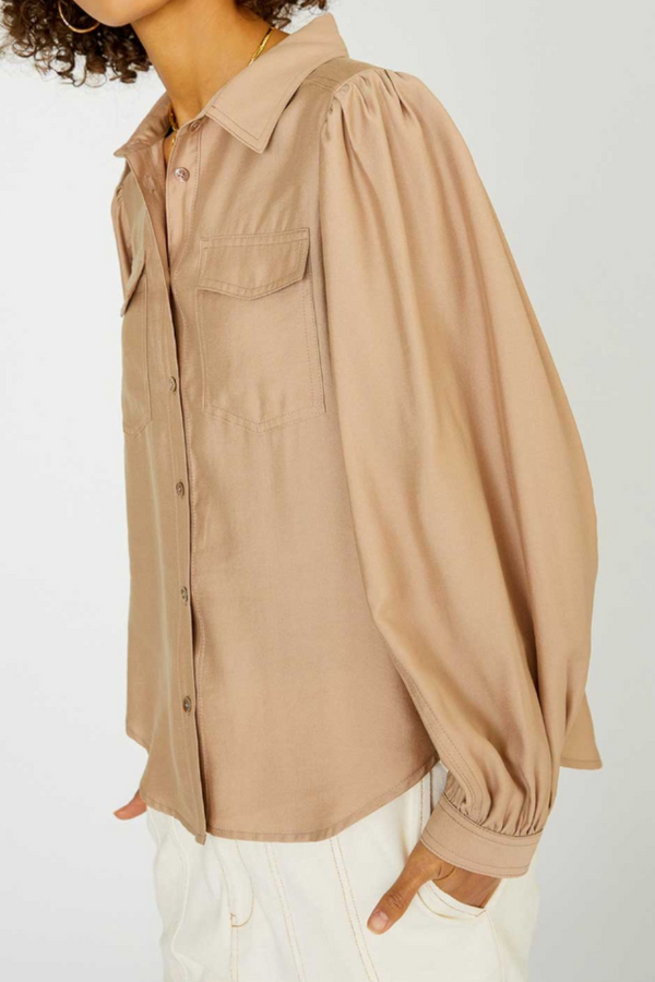 Sand Long Sleeve Button Front Top